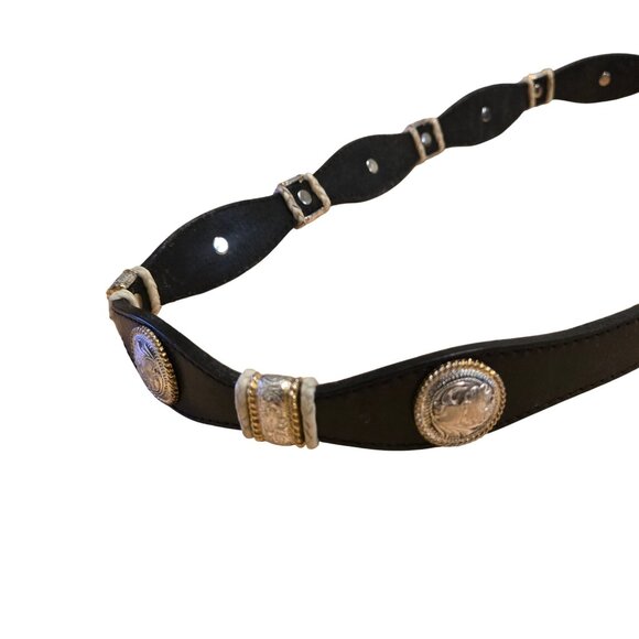 Women\'s Black Leather Western Concho Belt with Engraved Buckle